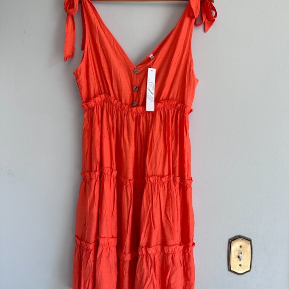 Gavot NWT Orange Babydoll Flare Mini Dress Tie Straps Pullover Lightweight M - Picture 4 of 10